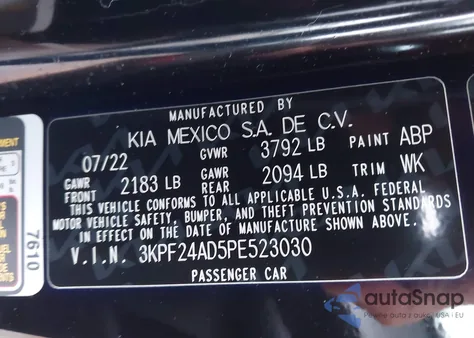 2023 Kia Forte Lxs z USA, uszkodzony, nr VIN 3KPF24AD5PE523030